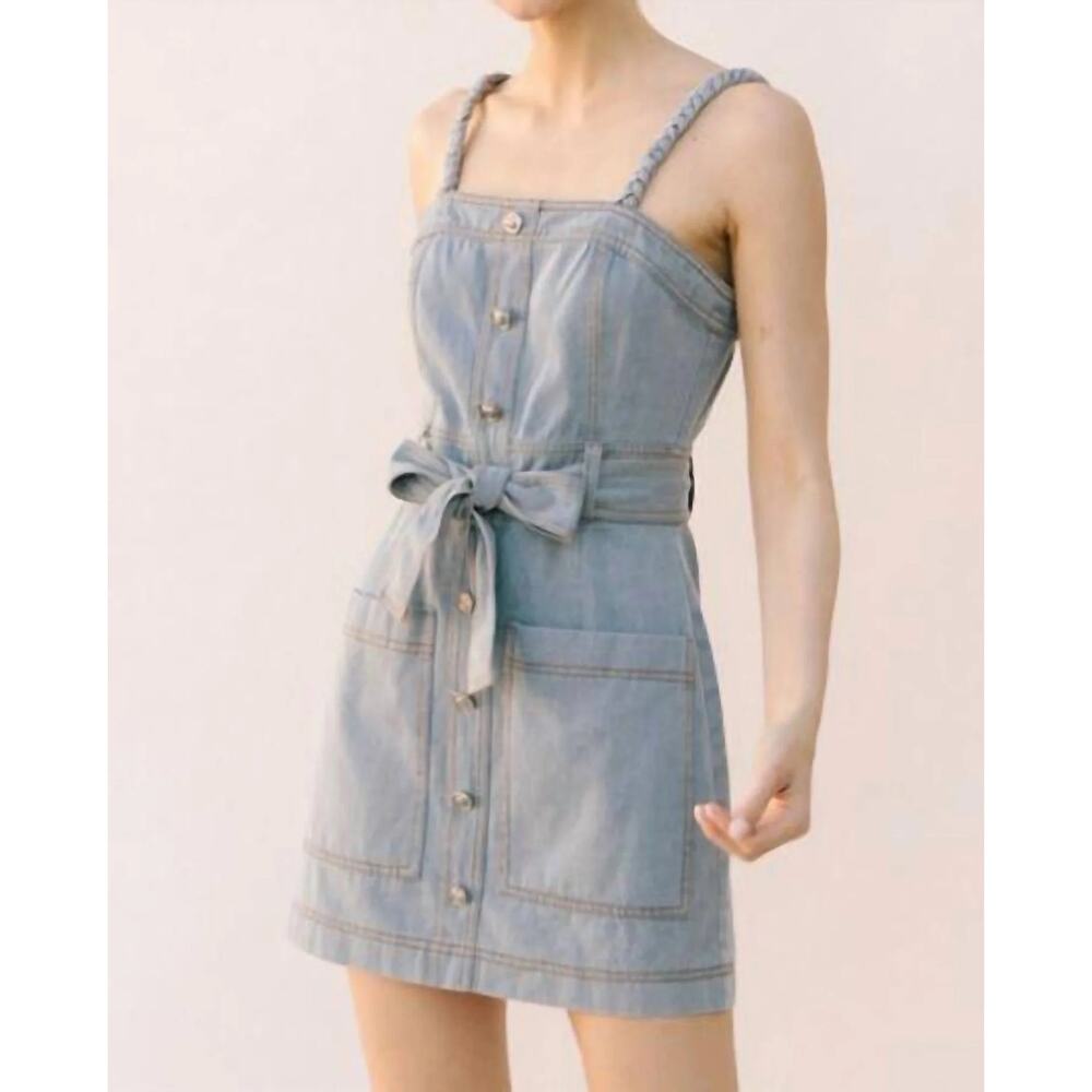 Storia Back At It Denim Braided Strap Belted Mini Dress Pockets